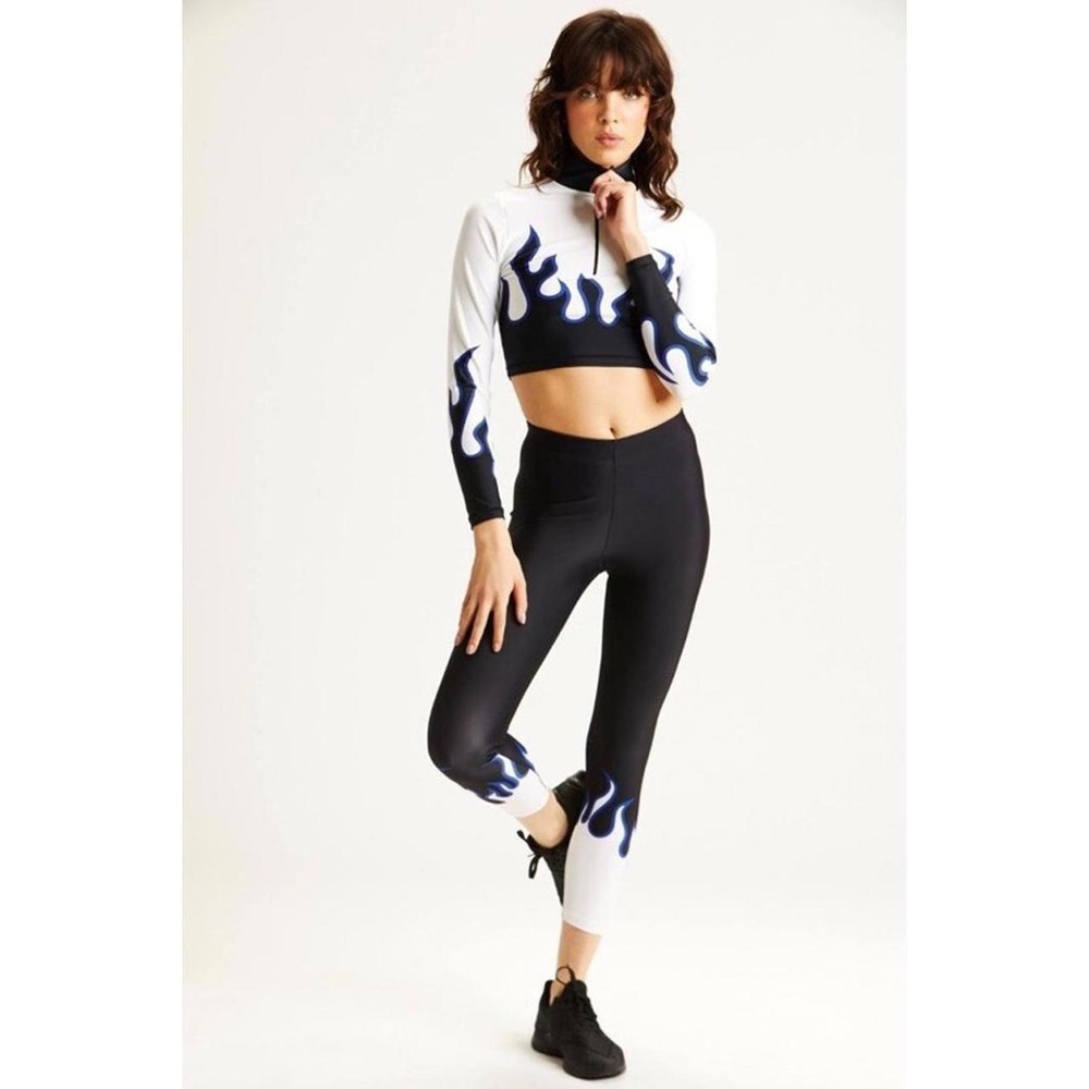 Adam Selman Sport Long Sleeve Crop Top & Core Spandex Leggings Blue Flame Small